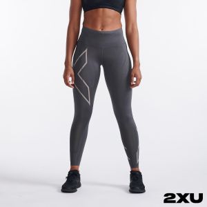 2XU 女 MCS高階跑步中腰壓縮長褲 炭灰/反光灰