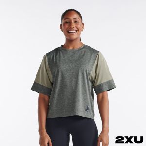 2XU 女 Motion運動短袖上衣 橄欖綠/白