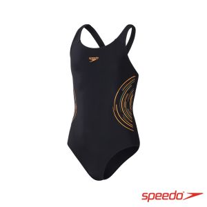 Speedo 女孩 運動連身泳裝Placmement 黑/暖橙/田園綠