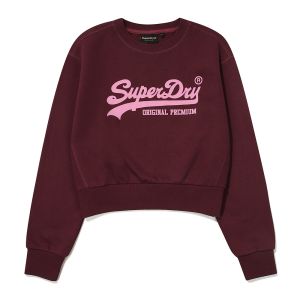 SUPERDRY 韓版 女款 短版 大學T 圓領套頭衫 Vintage Logo 酒紅