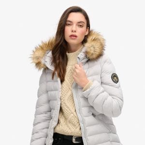 SUPERDRY 英版 女款 保暖外套 Fuji Faux Fur Hood 月光灰